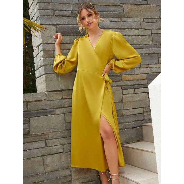 Long Sleeve Satin Wrap Shirt Dress in Olive - 16