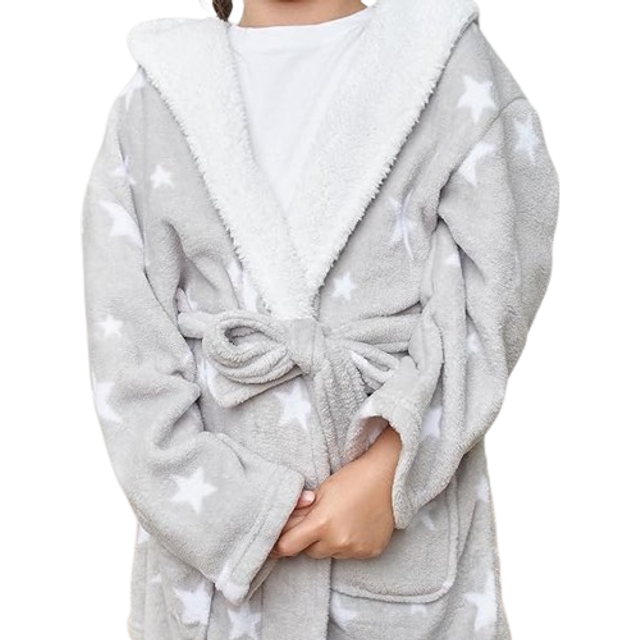Dreamscene Kids Star Hooded Sherpa Fleece Dressing Gown, Grey - 4-7yrs