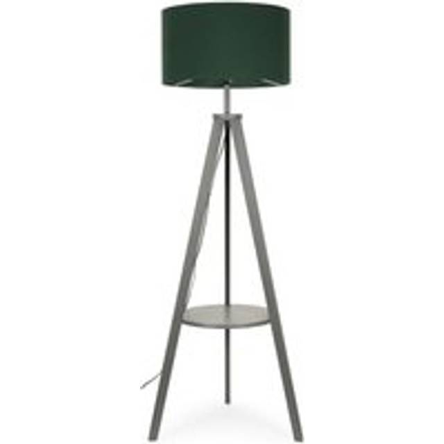 ValueLights Morrigan Grey Wood Tripod Floor Lamp with Large Forest Green Reni Shade