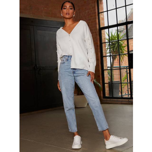 Pearl Detail Oversized Cardigan in Cream - L