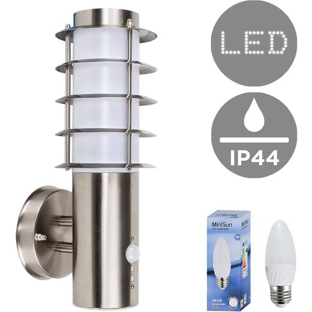 Modern Outdoor Decorative PIR Sensor Stainless Steel Wall Light Lantern - Complete with a 4w LED Candle Bulb [6500K Cool White]