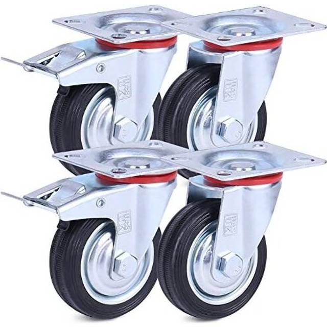 H&S 4 Castor Wheels Heavy Duty 75mm Rubber Swivel Trolley Furniture Caster with Brakes Black