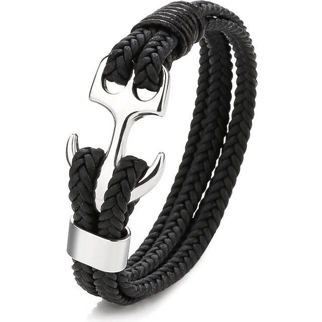 European And American Men's Titanium Steel Bracelet Black Leather Woven Anchor Stainless Steel Bracelet Leather Rope