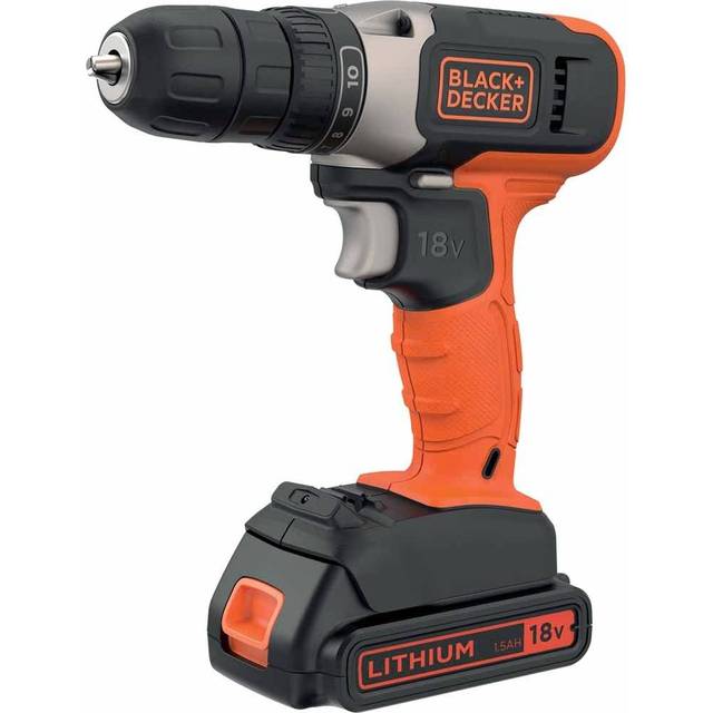 BLACK+DECKER sladdlös borrskruvmejsel med batteri och laddare (18 V 1,5 Ah, 10 mm snabbchuck, 10 stegs vridmomentförval + 1 borrsteg, LED-arbetsljus, inkl. laddare och batteri) BCD001C1