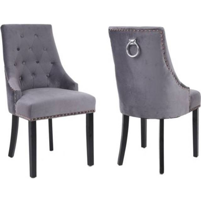 Set of Two Studded Velvet Dining Chair with Ring Knocker Detail - Dark Grey - One Size