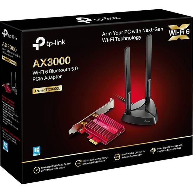 TP-Link Archer TX3000E AX3000 Wi-Fi 6 Bluetooth 5.0 PCIe Adapter (Max 2402Mbps 5GHz och Max 574Mbps 2.4GHz, Intel Wi-Fi 6 Chipset, WPA3 Encryption Standard) Svart
