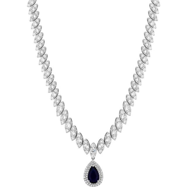Jon Richard Silver Plated Cubic Zirconia Baguette Navette Blue Sapphire Pear Drop Necklace - Gift Boxed