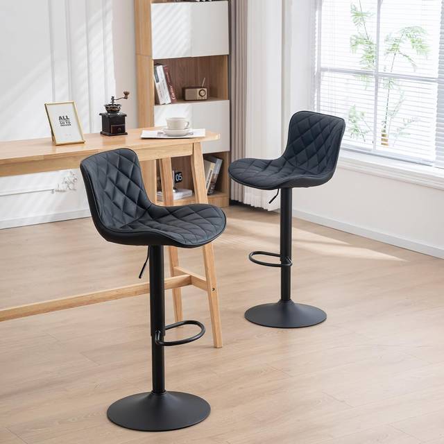 Kidol & Shellder Bar Stools Set of 2 Black Adjustable Swivel Bar Chairs High Back Counter Stools PU Leather Soft Cushion 8 Mins Quick Assembly Loads