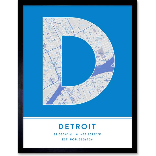 Wall Art Print Detroit Michigan United States City Map Modern Typography Stylish Letter Framed Word - Blue - W12 inch x H16 inch