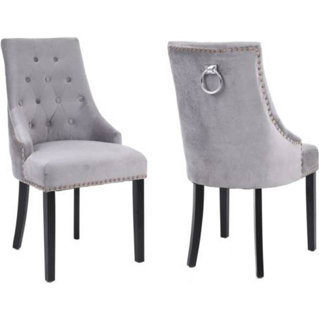 Set of Two Studded Velvet Dining Chair with Ring Knocker Detail - Mid Grey - One Size