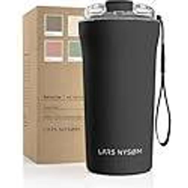 LARS NYSØM Thermo Kaffeebecher-to-go med bärrem & Tritan-lock | er Travel Mug 0,5 liter med isolering | Läcksäker rostfri termosmugg för kaffe & te (Carbon Black, 500ml)
