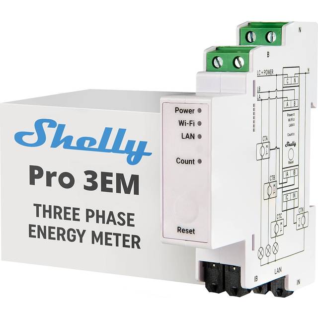 Shelly Pro 3EM - 400 A ansluten trefas elmätare, LAN, Wi-Fi, DIN-skenmontering, 4 trådar, kompatibel med MODBUS, datalagring, solcellsmätning, iOS-app Android