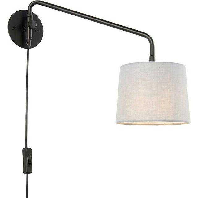 Adjustable swing arm wall light matt black & grey fabric shade mains plug in