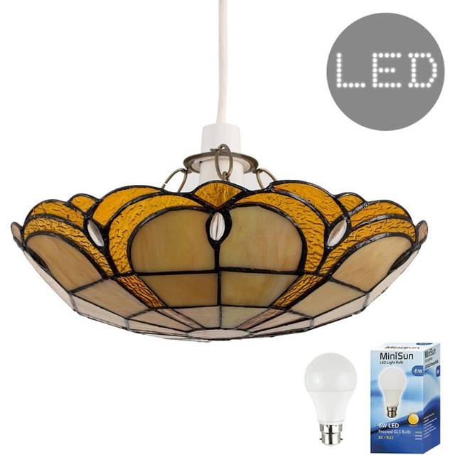 Tiffany Style Amber Jewelled Glass Uplighter Design Ceiling Pendant Light Shade - Complete with a 6w LED GLS Bulb [3000K Warm White]