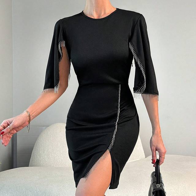 SHEIN Women&#39;S Solid Color Fringed Cape Sleeve Split Dress