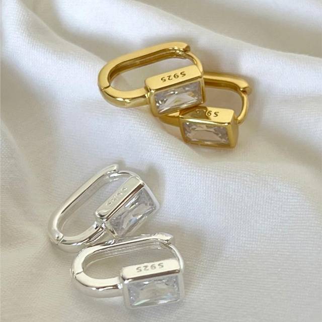 925 Silver Square Zircon U-shaped Hoop Earrings for Women Exquisite Golden Silver Color Geometric Huggies Jewelry Pulseras Mujer silver