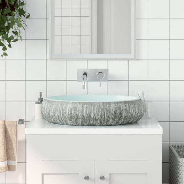 (grey and blue, 59 x 40 x 15 cm) vidaXL Countertop Basin Bathroom Sink Wash Basin Vessel Sink Oval Ceramic