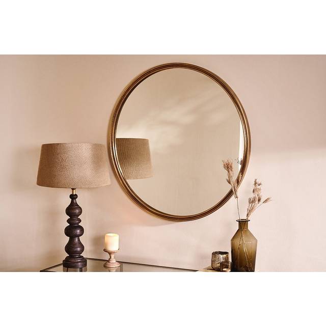 Nkuku Almora Round Metal Wall Mirror, 88cm, Antique Brass