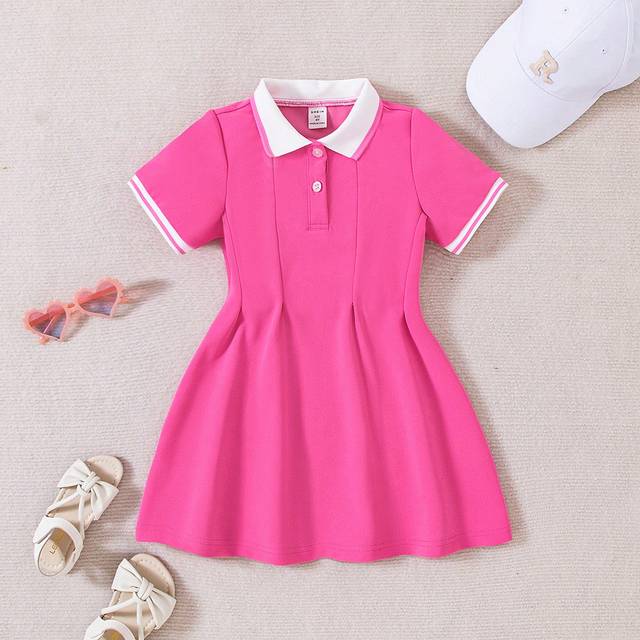 SHEIN Young Girl Contrast Collar Button Front Dress Polo Dress For Kidsdress For Young Girl Girl Pink