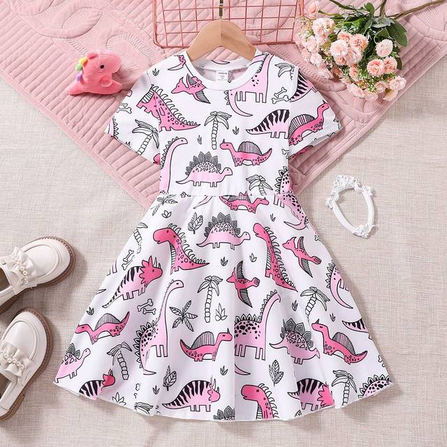 SHEIN Young Girl Dinosaur Print Flare Sleeve Princess Dress With Elastic Waistband, Perfect For Spring/Summer Festivals, Holiday Parties