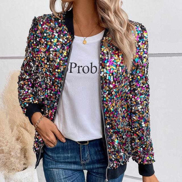 Luneh Asymmetrical Pattern Sequin Accent Party Music Festival Classic Zip-Up Flight Jacket For Women, All Season,Holiday Outfits