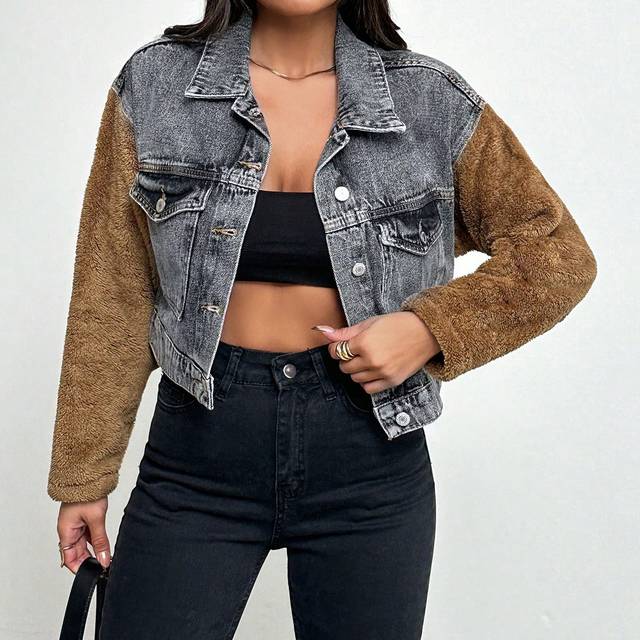 Kvinnors Lång Ärm Denimjacka Med Plysch Lapptäcke - Grå (L,M,S,XS)