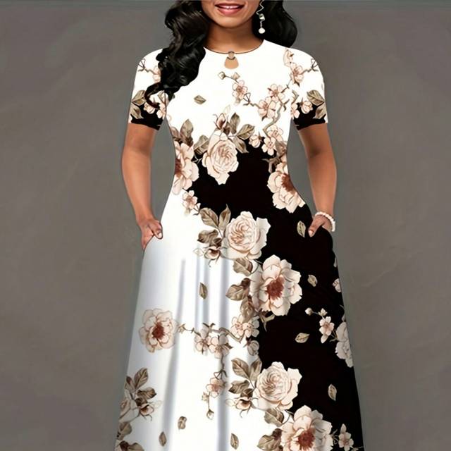 Niay Plus Size Women&#39;s Floral Print Round Neck Short Sleeve Dress Women Outfit White Floral Dress Flower Dress Flower Dress For Women For Summer