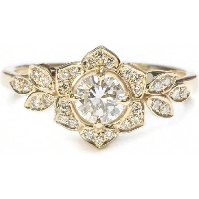 SHEIN 1ct Gold Plated Lily Flower Round Rhinestone Morganite Ring, 925 Sterling Silver Ring, Minimalist Style Fashion Ring, Couple Ring, Wedding Anniversary