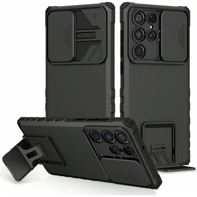 SHEIN 1pc Black Creative Folding Bracket & Lens Cover Phone Case Compatible With Galaxy A06, A16, A53, A22, A13, A42, A73, A32, A52, A72, A53, A14, A33, A34