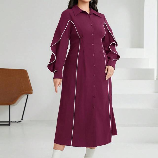 Mulvari Plus Size Women&#39;S Long Sleeve Shirt Dress