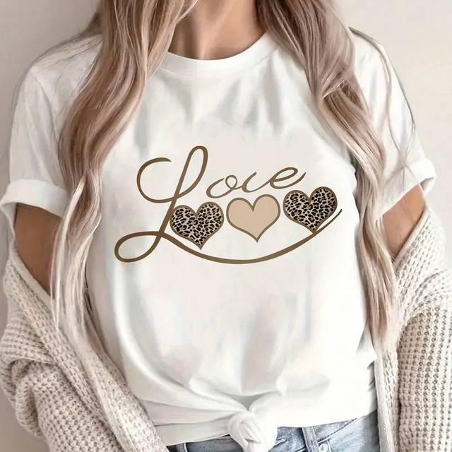 INAWLY Leopard Print Heart & Letter Pattern Round Neck Short Sleeve T-Shirt, Suitable For Valentine&#39;s Day & Daily Casual Wear Graphic Tees Women Tops