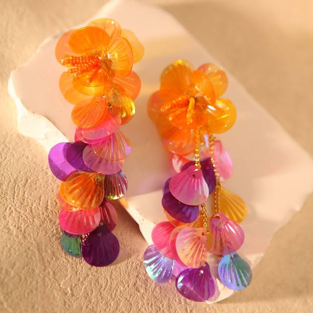 SHEIN Handmade Colorful Hot Pink Shell Sequin Beaded Flower Drop Earrings Statement Earrings For Girl And Women Gift For Her Summer Vacation Beach