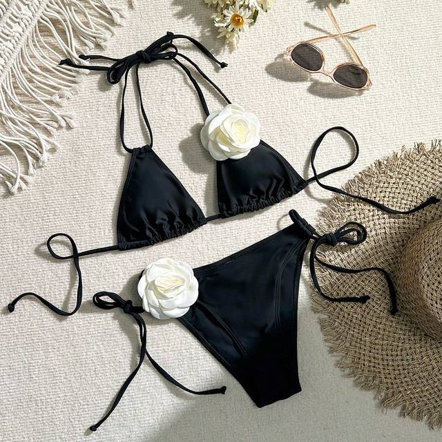 Swim Chiccia Summer Beach 3d Flower Decorated Side Tie Bikini Set