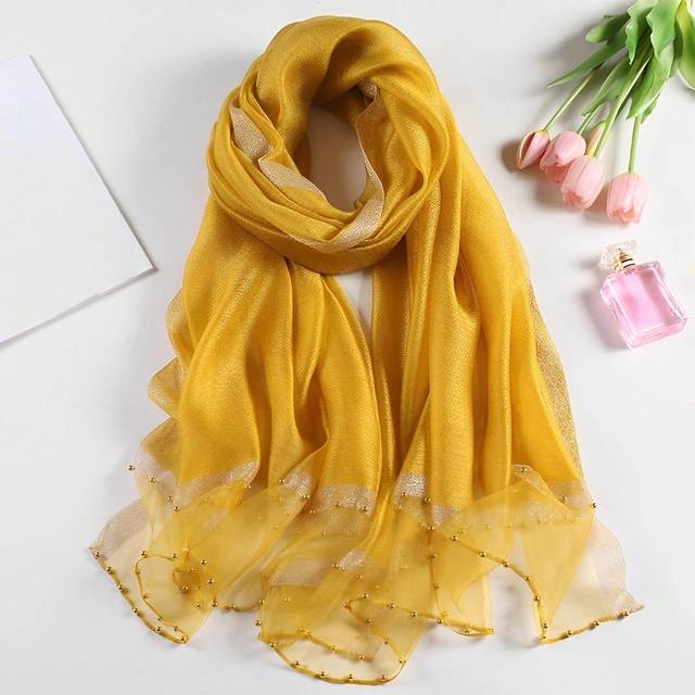SHEIN A Ladies&#39; Solid Color Yellow Shawl Embellished With Faux Pearl And Sequins, Made Of Mulberry Silk And Wool, Elegance And Quality, Suitable For Spring,
