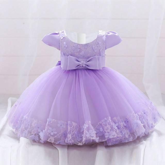 SHEIN Baby Girl Solid Color Floral Applique Bowknot Puffy Cap Sleeve Princess Dress, Suitable For Party And Holiday, Excluding Hair Accessories