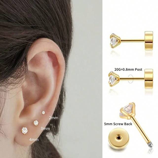 SHEIN 6pcs 2/3/4mm Tiny Flat  Back  Stud Earrings for Women,14k Gold Plated Small Crystal& Cubic Zirconia Surgical Stainless Steel Decorated  Nose & Ear Stu