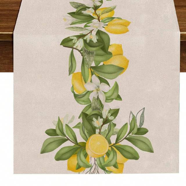 SHEIN 1pc Eucalyptus Leaf Lemon Daisy Table Runner, Spring Summer Seasonal Decorative Cloth For Family Vacation, Indoor/Outdoor Party Dining Table