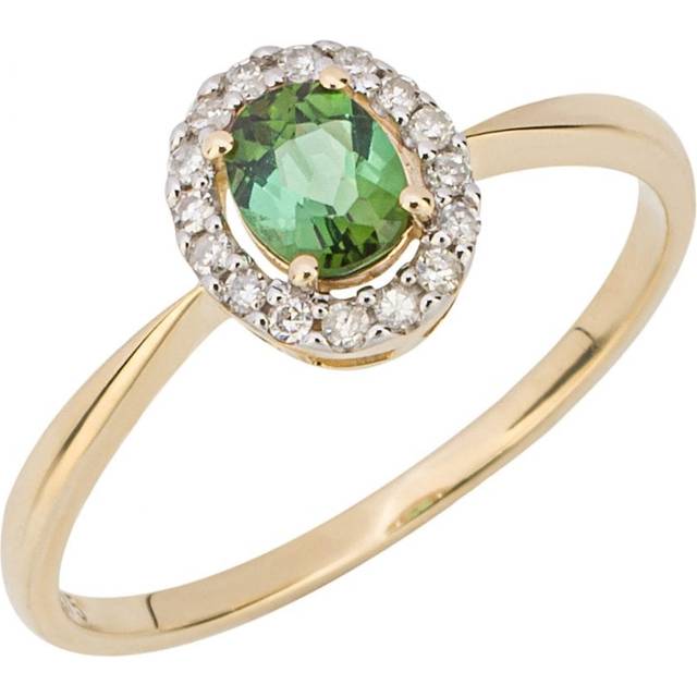 Elements Gold 9ct Gold Green Tourmaline with Diamond Surround Ring
