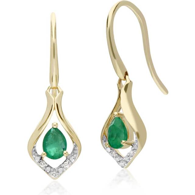 Classic Pear Emerald & Diamond Leaf Drop Earrings in 9ct Yellow Gold