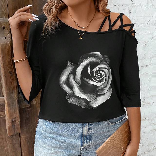 SHEIN Plus Size Women&#39;s Floral Print Off-Shoulder T-Shirt Graphic Tees Women Tops