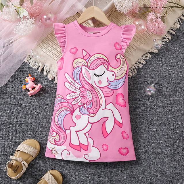 SHEIN Young Girl Unicorn Print Casual Dress, Comfortable And Versatile, Suitable For Spring, Summer And Fall, 4-7 Years Old, Suitable For Outdoor Activities