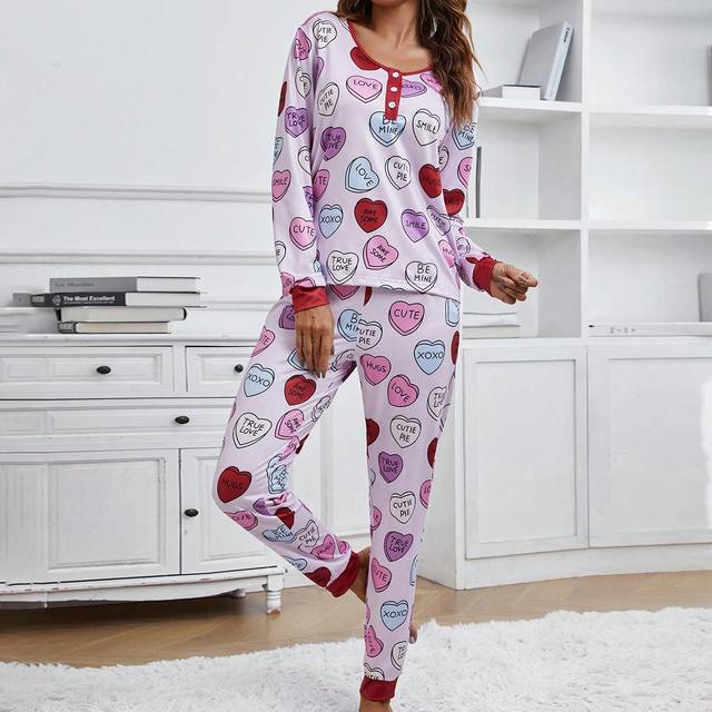 SHEIN Women&#39;s Letter & Heart Printed Long Sleeve & Pants Pajama Set
