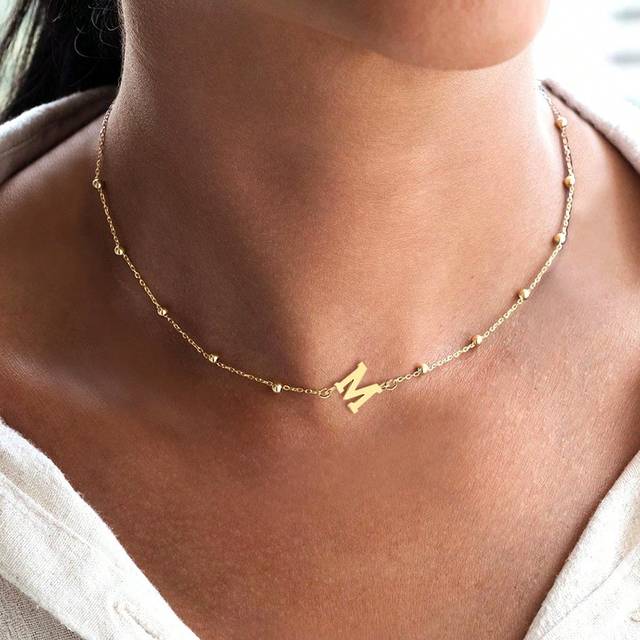 1st klassiskt rostfritt stål initialt pärlkedja Choker halsband för kvinnor - Gult guld (L,M,S,H,A,T,O,X,B,C,D,E,F,G,I,J,K,N,P,Q,R,U,V,W,Y,Z)