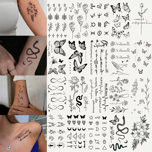 STARTTOOS 20pcs Black Butterfly, Flower, Plant, Snake, Word Pattern Temporary Tattoo Sticker For Fingers, Wrist, Chest, Abdomen, Back And Other Small Body Parts