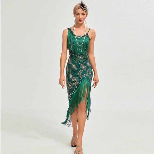 Paljett 1920-tal Vintage fransad Cocktail Flapper Klänning, Asymmetrisk Fåll Festklänning För Kvinnor, Elegant Bal Semi Formell Bröllopsgäst Klänning, - Grön (L,M,S,XL,XXL)