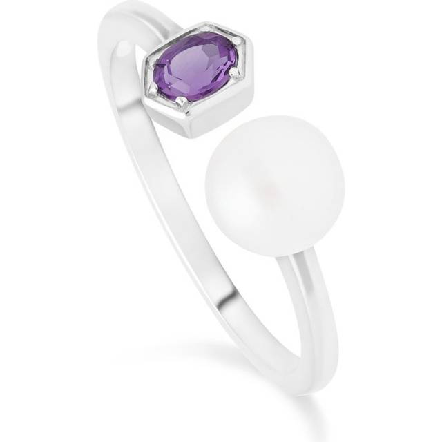 Modern pearl & amethyst open ring in 925 sterling silver