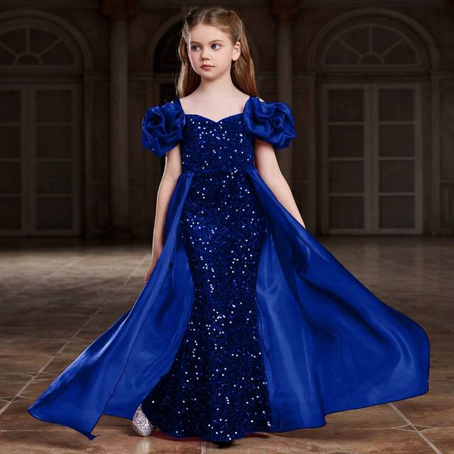 SHEIN Tween Girl Sparkling Bubble Sleeve Mermaid Tail Dress With Mesh Panel & Sequins â Elegant Formal Gown For Evening Party, Pageant, Holiday Celebratio