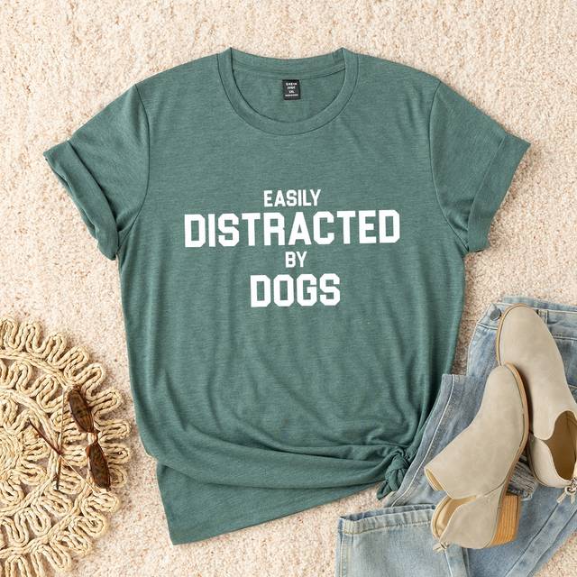 EMERY ROSE Plus Slogan Graphic Tee, Women Summer Top, EASILY DISTRACTED BY DOGS
