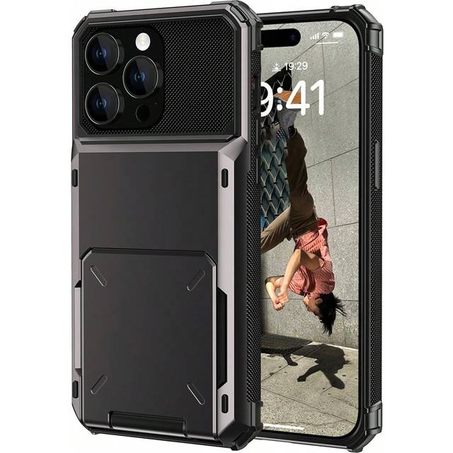 Apple Kraftigt stötsäkert dubbelskiktat fodral med korthållare, dold kortplats, stort förvaringsfodral [Räcker till 5 kort], plånboksfodral kompatibel - Grå (Multi-size)
