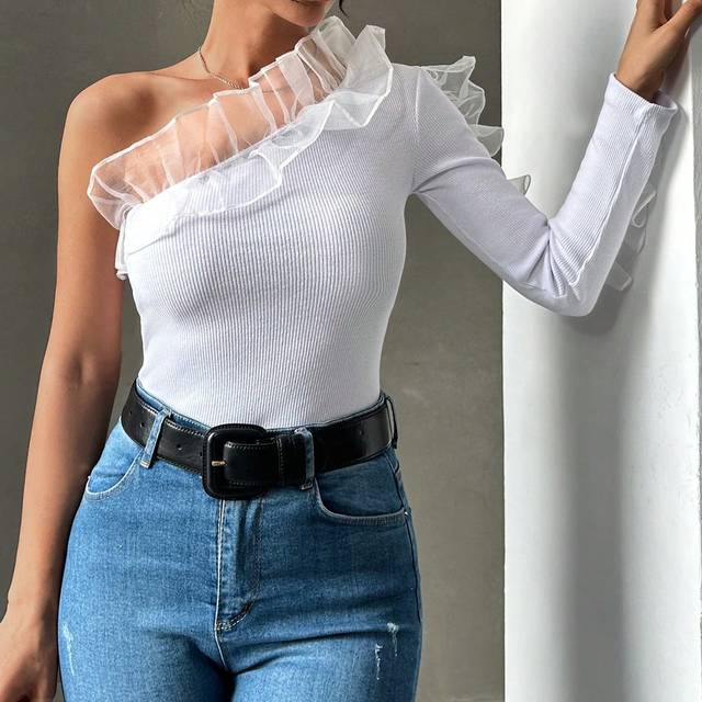 SHEIN Women&#39;s One Shoulder Mesh Ruffle Trim T-Shirt